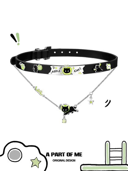 Apple Cat 18K Platinum Plating Black Cat & Green Apple Choker & Necklace