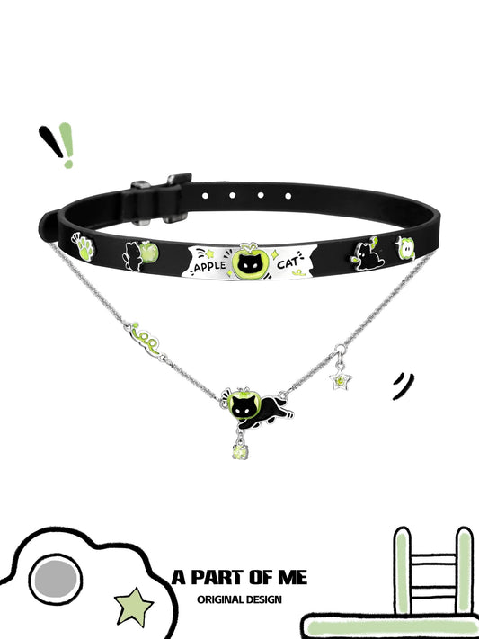 Apple Cat 18K Platinum Plating Black Cat & Green Apple Choker & Necklace