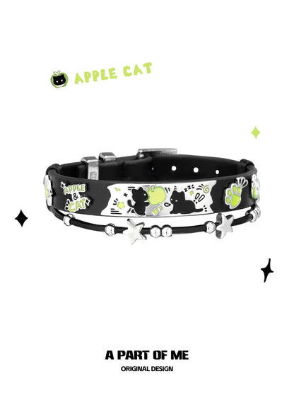 Apple Cat 18K Platinum Plating & Leather Black Cat Green Apple Belt Bracelet