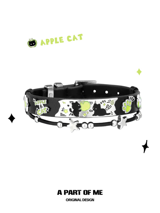 Apple Cat 18K Platinum Plating & Leather Black Cat Green Apple Belt Bracelet