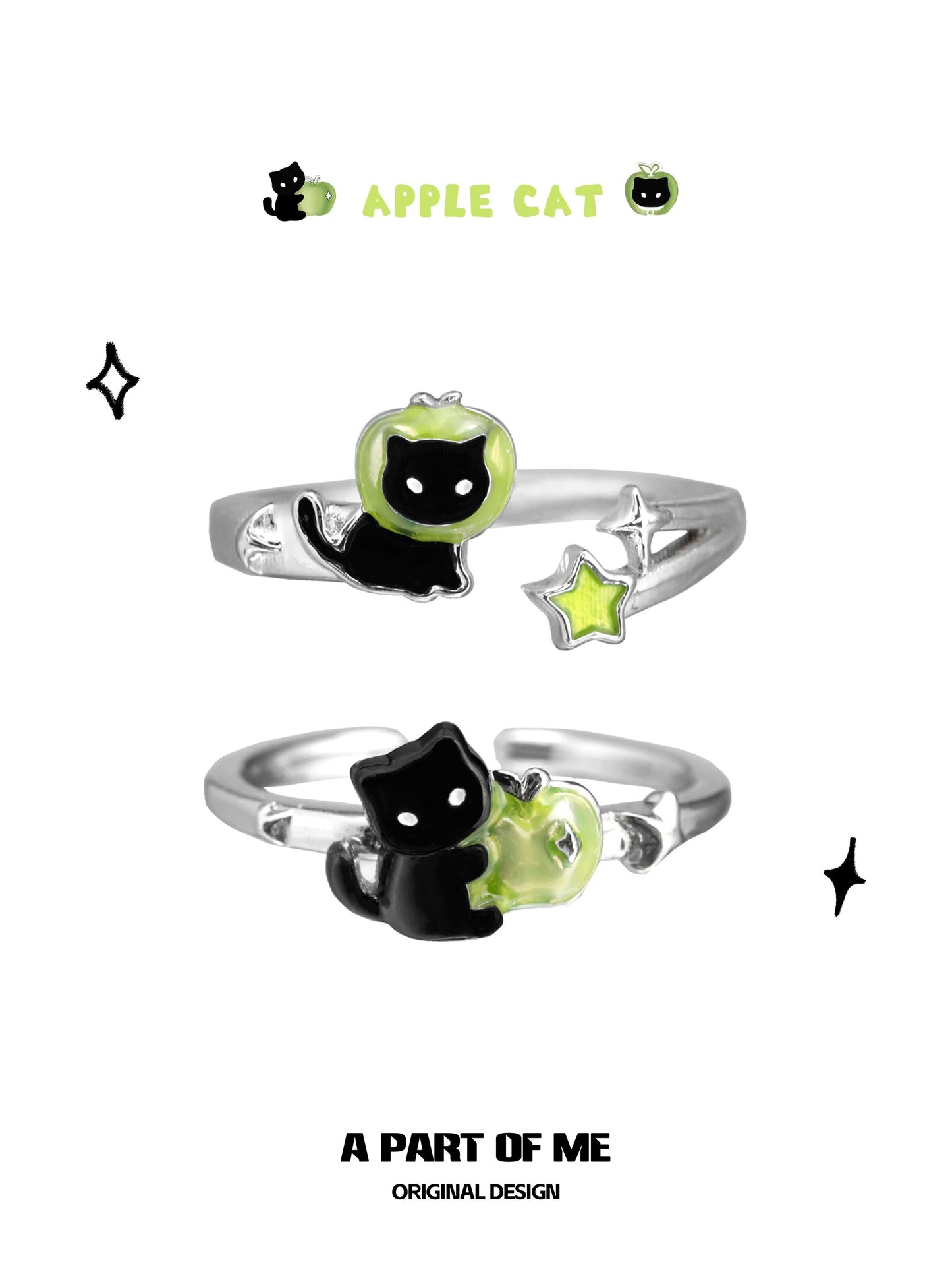Apple Cat S925 Sterling Silver Black Cat & Green Apple Adjustable Rings