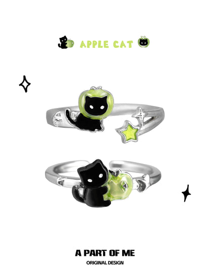 Apple Cat S925 Sterling Silver Black Cat & Green Apple Adjustable Rings