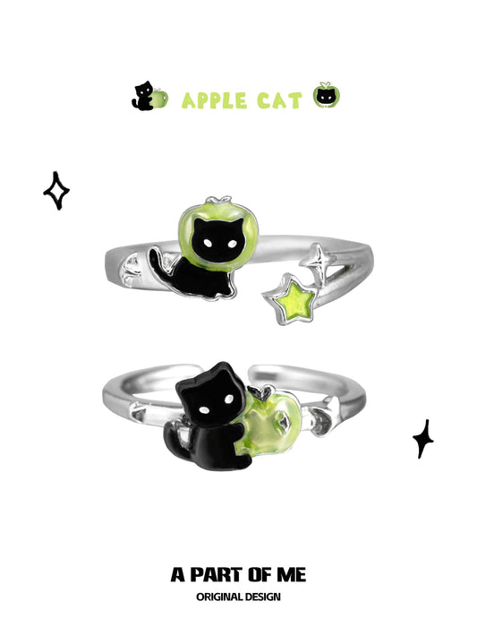 Apple Cat S925 Sterling Silver Black Cat & Green Apple Adjustable Rings
