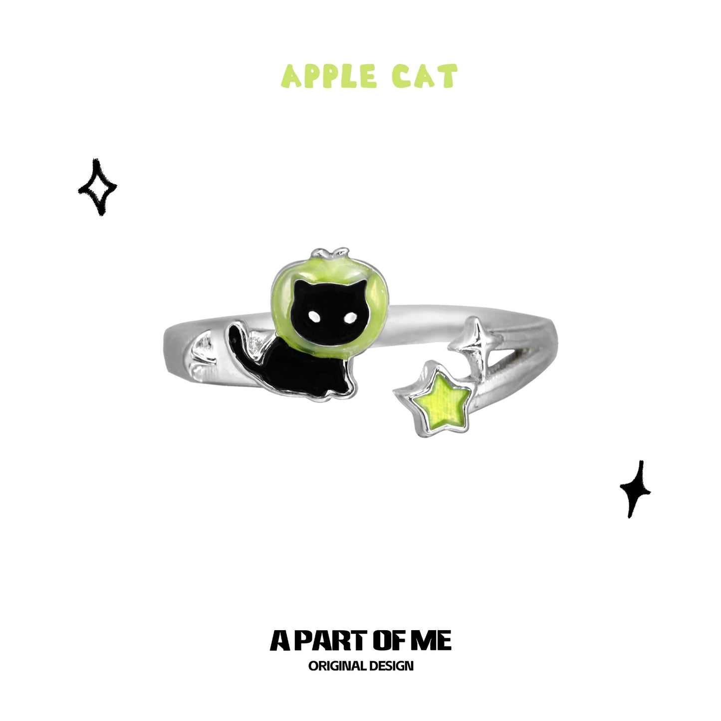 Apple Cat S925 Sterling Silver Black Cat & Green Apple Adjustable Rings
