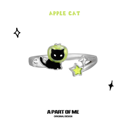 Apple Cat S925 Sterling Silver Black Cat & Green Apple Adjustable Rings