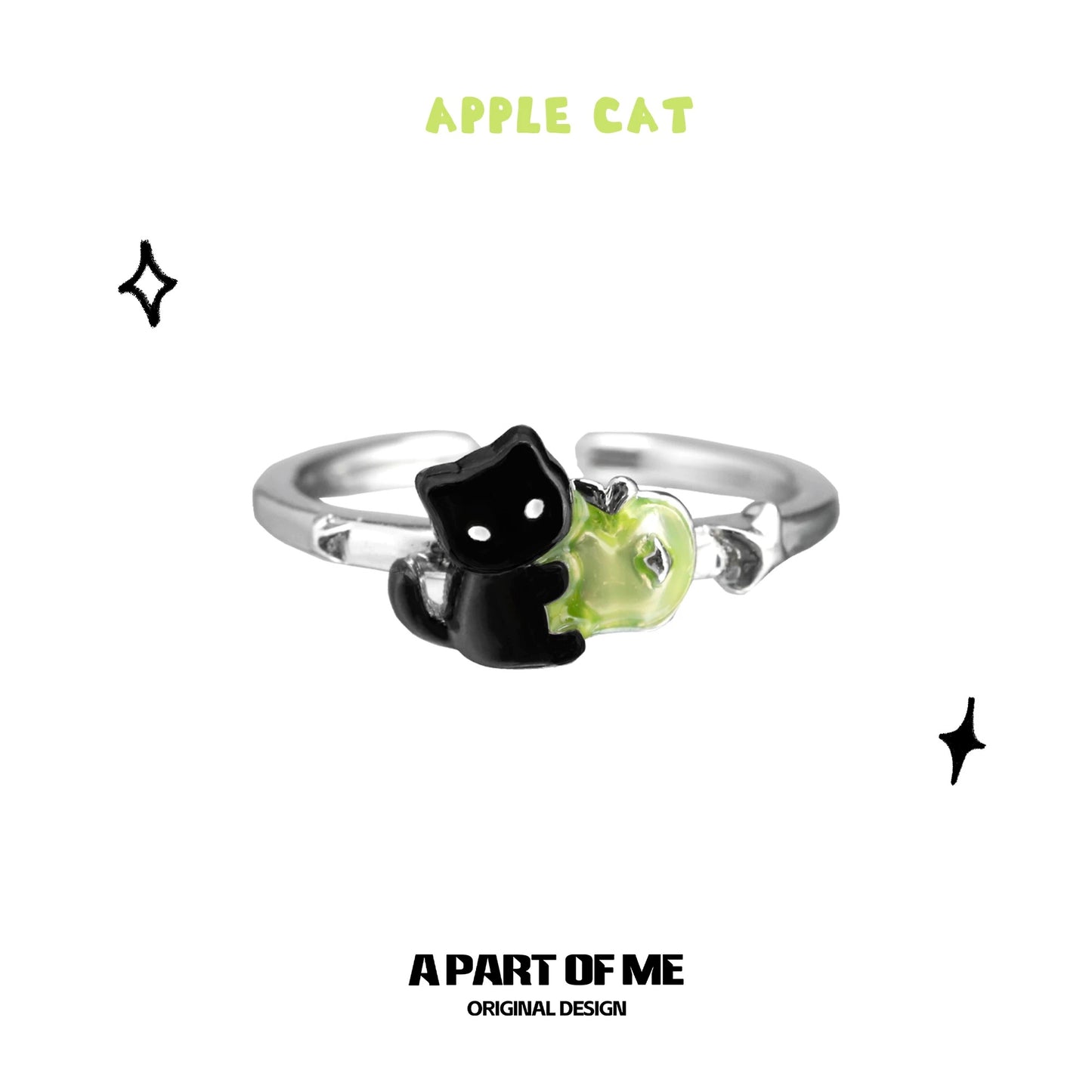 Apple Cat S925 Sterling Silver Black Cat & Green Apple Adjustable Rings