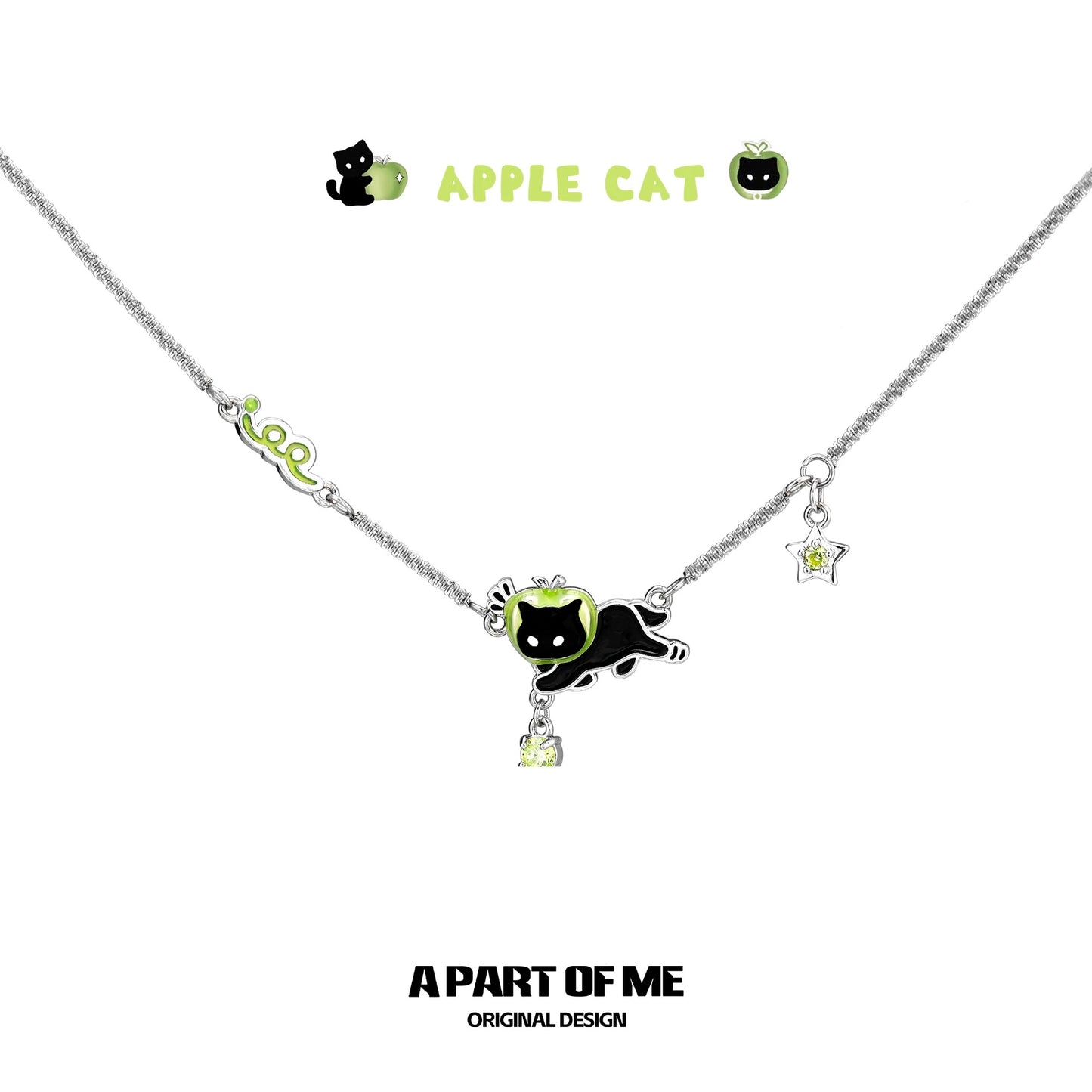 Apple Cat 18K Platinum Plating Black Cat & Green Apple Choker & Necklace