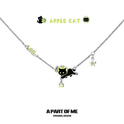 Apple Cat 18K Platinum Plating Black Cat & Green Apple Choker & Necklace