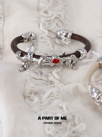 White Moonlight & Vermilion Mark Chicken Blood Vine Wood Bangle Bracelet