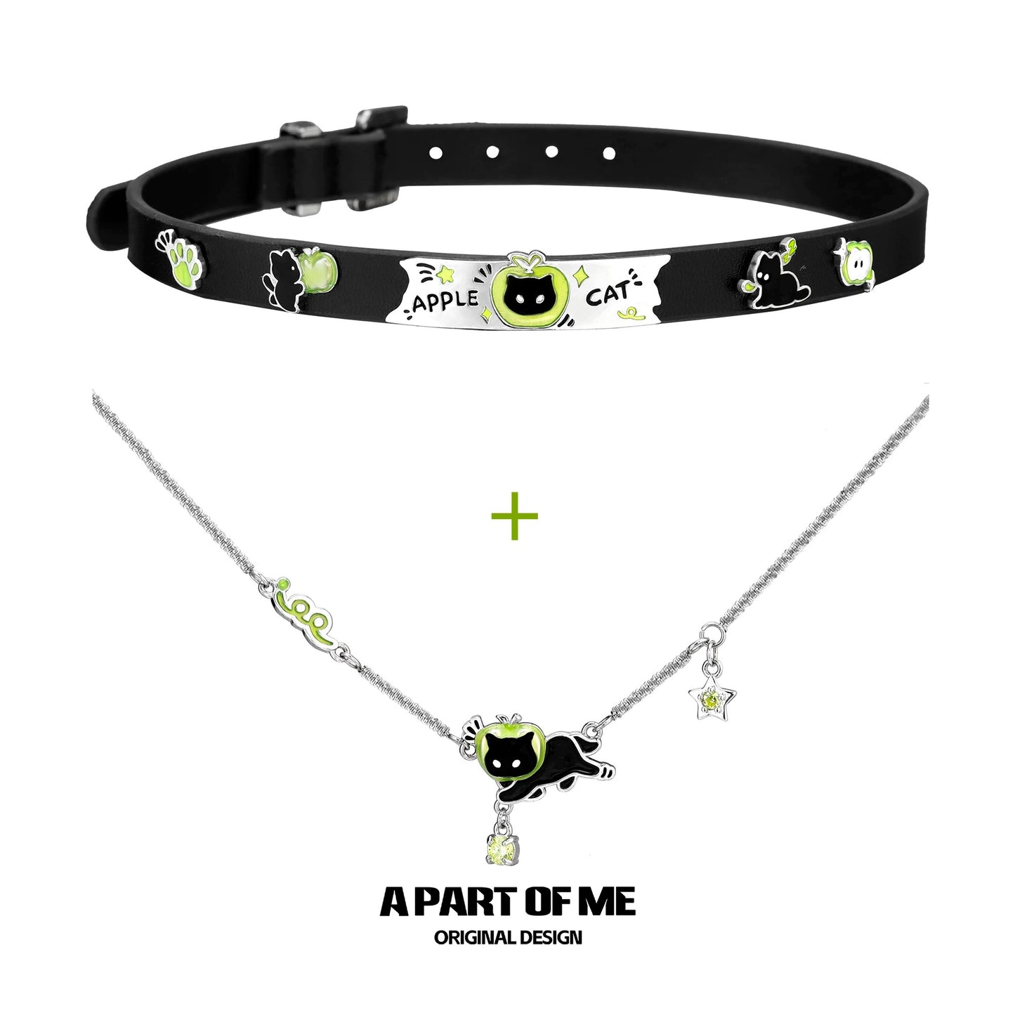 Apple Cat 18K Platinum Plating Black Cat & Green Apple Choker & Necklace