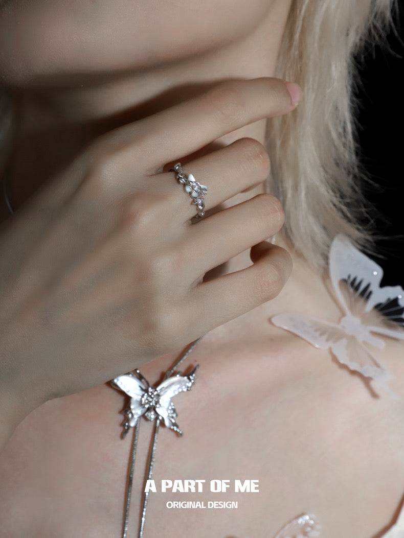 Fritillary S925 Sterling Silver Natural Shell Butterfly Adjustable Ring