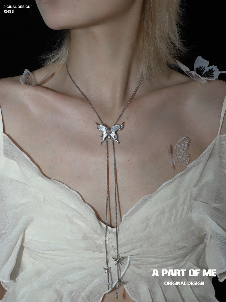 Fritillary 18K Platinum Plating Natural Shell Butterfly Lariat Necklace