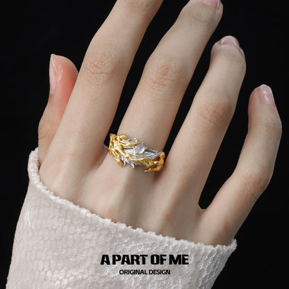 Palpitate S925 Sterling Silver White Agate Feather Resizable Ring