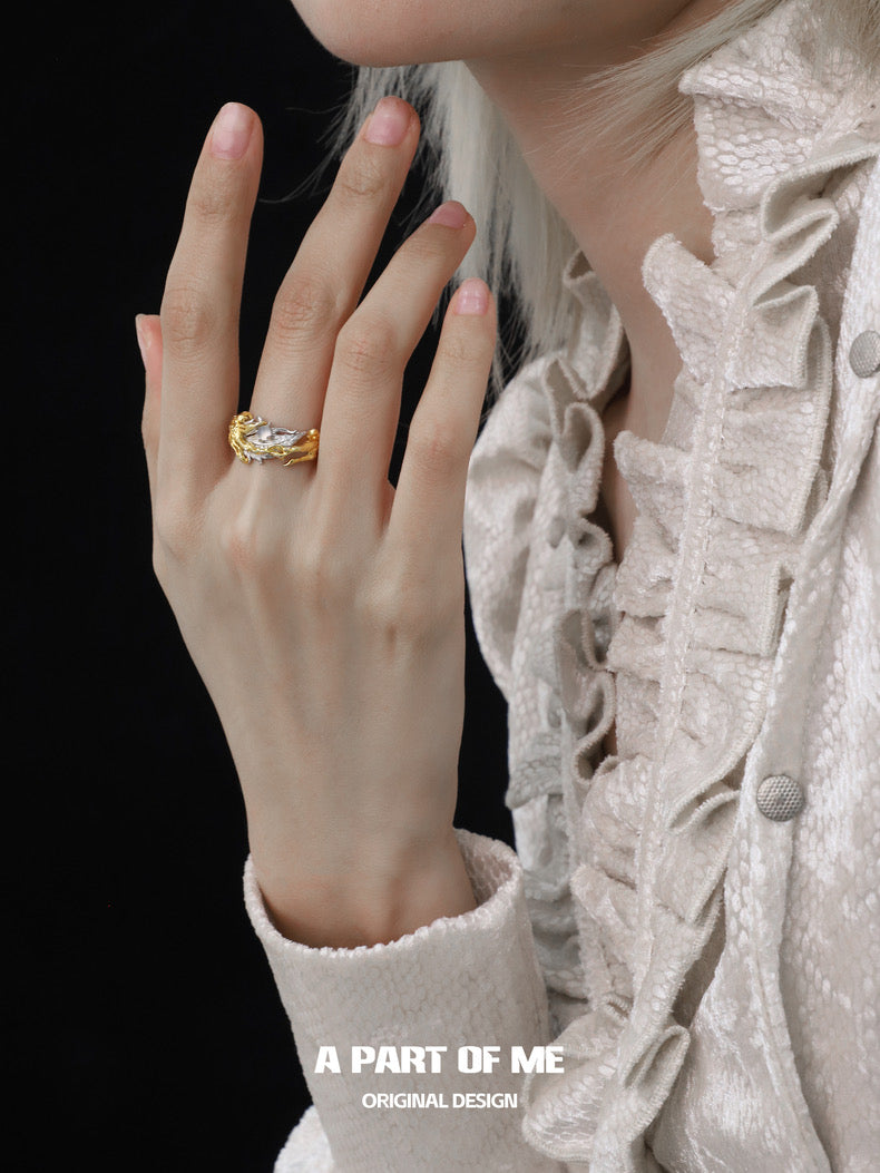 Palpitate S925 Sterling Silver White Agate Feather Resizable Ring
