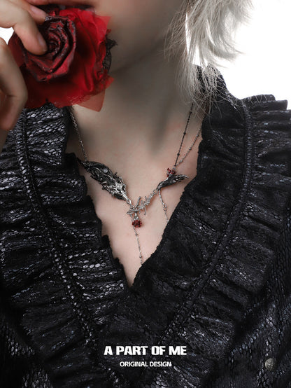 Palpitate 18K Platinum Plating White Agate Bloody Rose & Feather Necklace