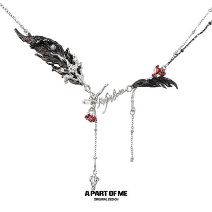 Palpitate 18K Platinum Plating White Agate Bloody Rose & Feather Necklace