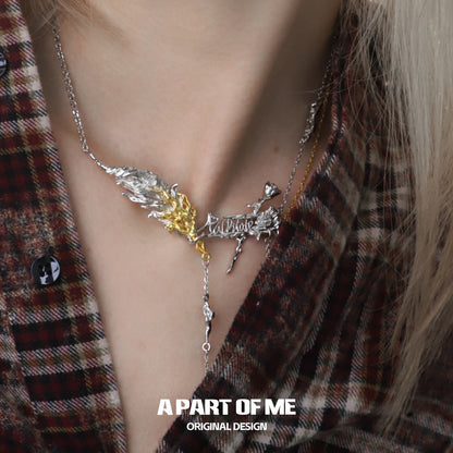 Palpitate 18K Platinum Plating White Agate Bloody Rose & Feather Necklace