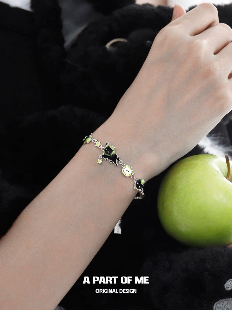 Apple Cat 18K Platinum Plating Black Cat & Green Apple Bracelet