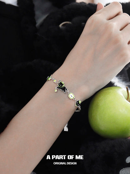 Apple Cat 18K Platinum Plating Black Cat & Green Apple Bracelet