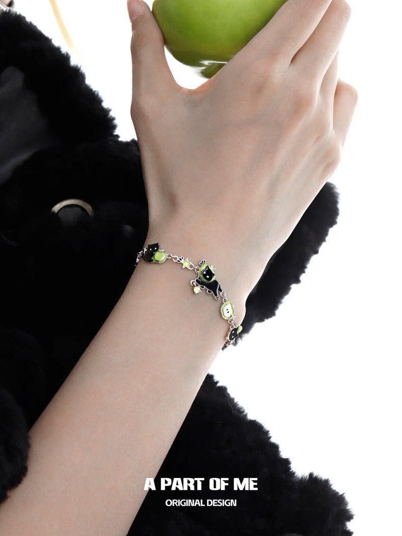 Apple Cat 18K Platinum Plating Black Cat & Green Apple Bracelet