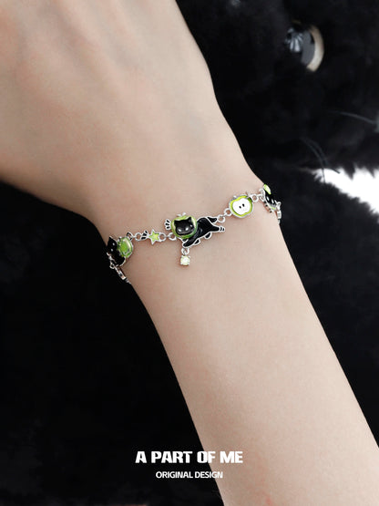 Apple Cat 18K Platinum Plating Black Cat & Green Apple Bracelet