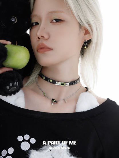 Apple Cat 18K Platinum Plating Black Cat & Green Apple Choker & Necklace