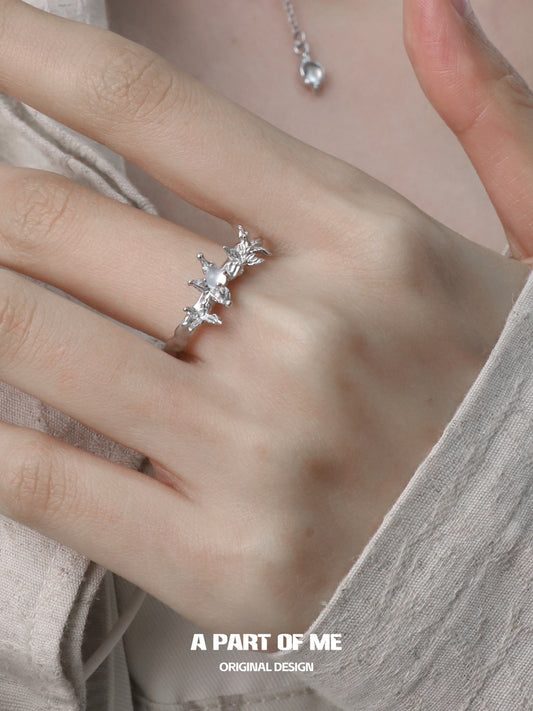 Butterfly Silhouette S925 Sterling Silver White Agate Butterfly Resizable Ring