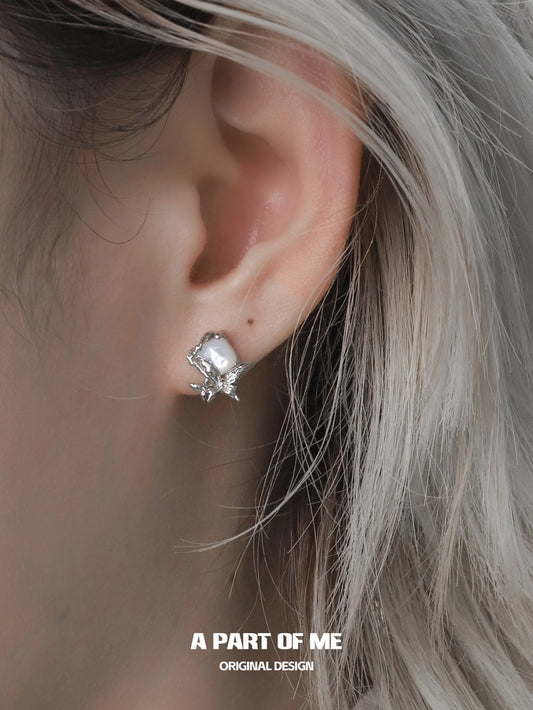 Butterfly Silhouette S925 Sterling Silver Natural White Shell Butterfly Stud Earrings