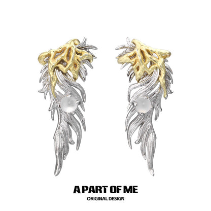 Palpitate 18K Platinum Plating White Agate Golden Feather Stud Earrings