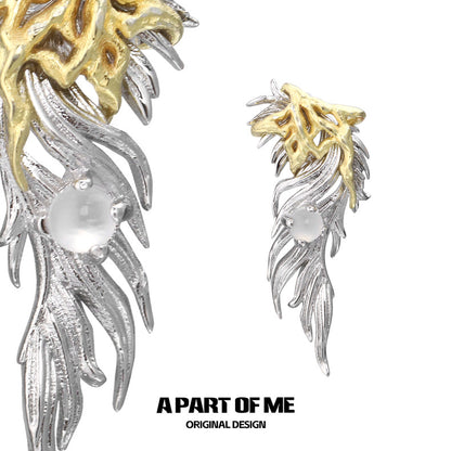 Palpitate 18K Platinum Plating White Agate Golden Feather Stud Earrings