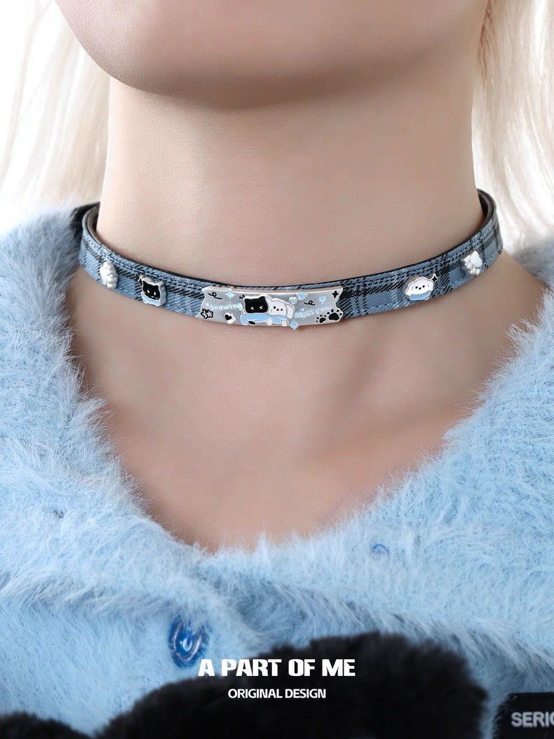 Snowy Black Cat & White Dog Leather Choker
