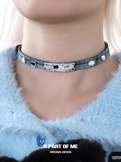 Snowy Black Cat & White Dog Leather Choker