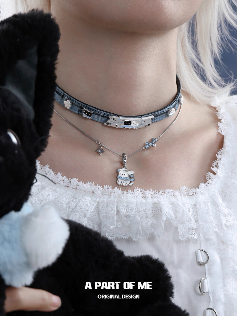 Snowy Black Cat & White Dog Leather Choker