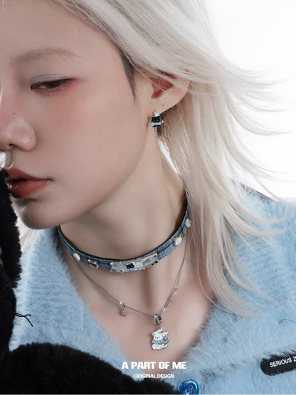 Snowy Black Cat & White Dog Leather Choker