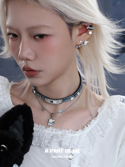 Snowy Black Cat & White Dog Leather Choker