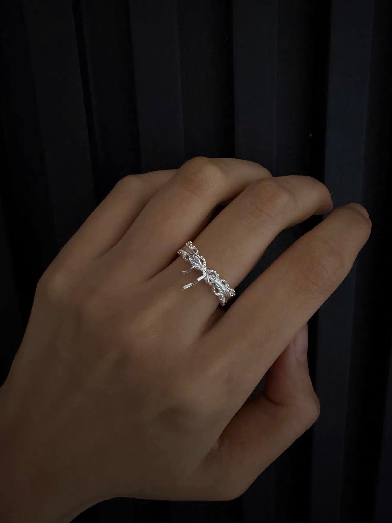 Dreaming in Lace 18K Platinum Plated S925 Silver Ribbon Bow Ring