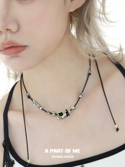 Apple Cat 18K Platinum Plating Black Cord Black Cat & Green Apple Necklace