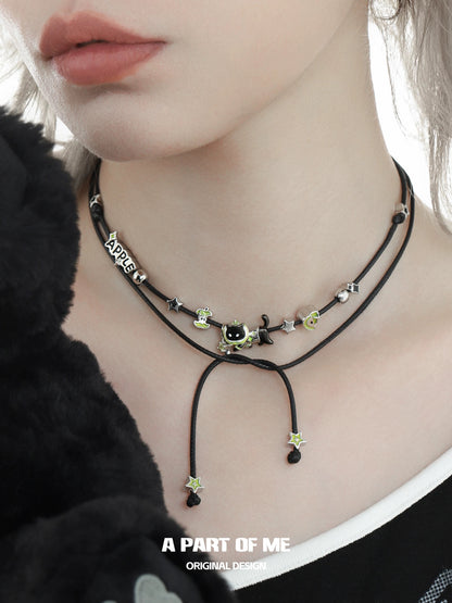 Apple Cat 18K Platinum Plating Black Cord Black Cat & Green Apple Necklace