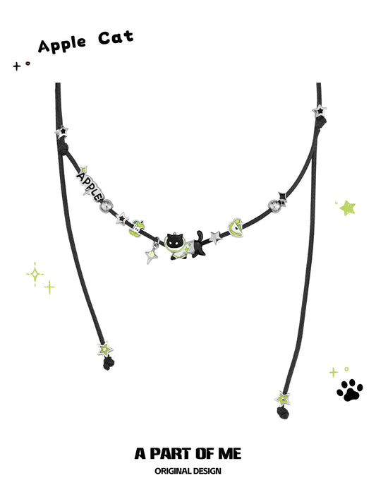Apple Cat 18K Platinum Plating Black Cord Black Cat & Green Apple Necklace