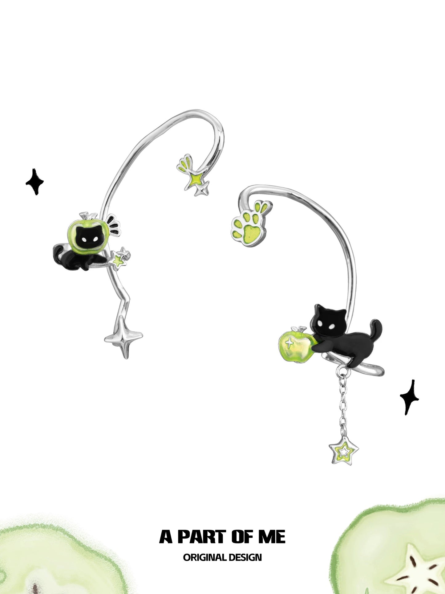 Apple Cat 18K Platinum Plating Black Cat & Green Apple Ear Wraps
