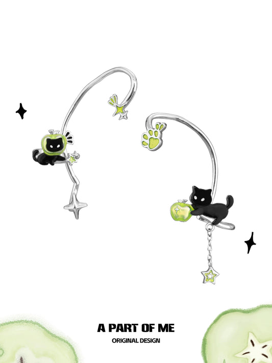 Apple Cat 18K Platinum Plating Black Cat & Green Apple Ear Wraps