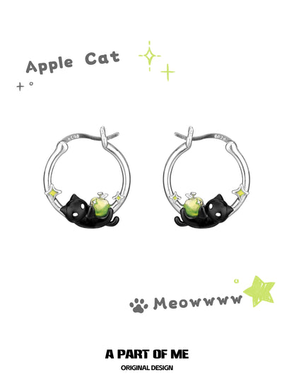 Apple Cat 18K Platinum Plating Black Cat & Green Apple Hoop Earrings