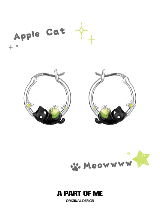 Apple Cat 18K Platinum Plating Black Cat & Green Apple Hoop Earrings