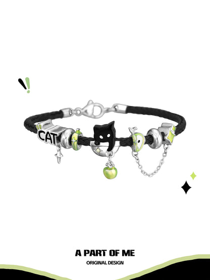 Apple Cat 18K Platinum Plating Pendant Black Cord Bracelet