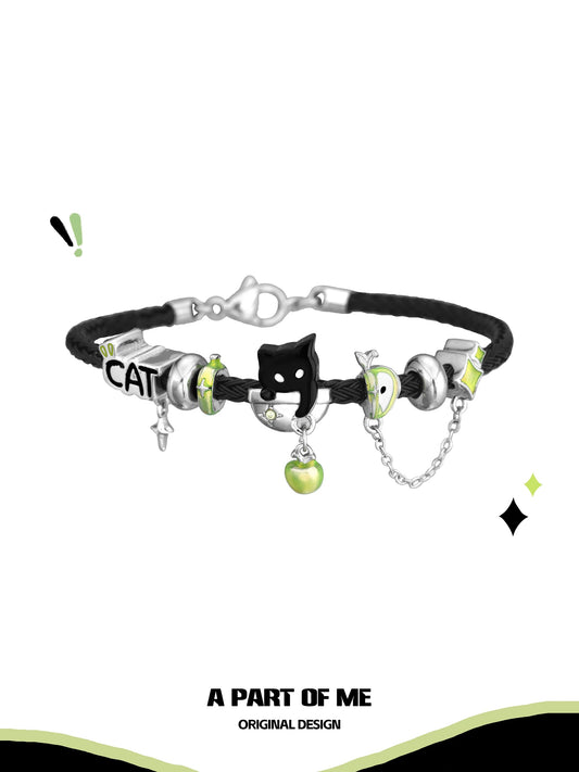 Apple Cat 18K Platinum Plating Pendant Black Cord Bracelet