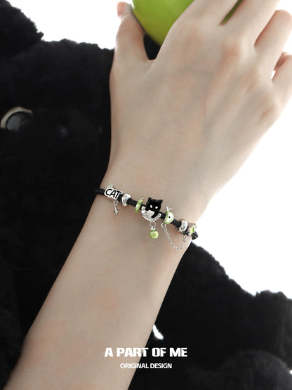 Apple Cat 18K Platinum Plating Pendant Black Cord Bracelet