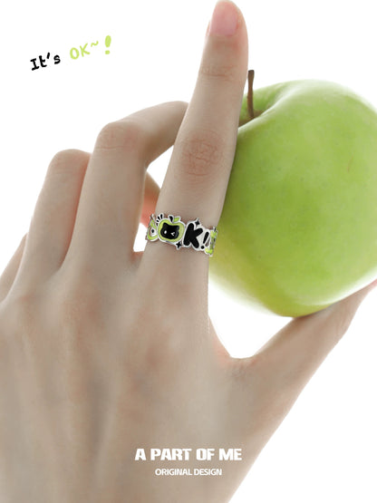 Apple Cat S925 Sterling Silver OK! Black Cat & Green Apple Ring
