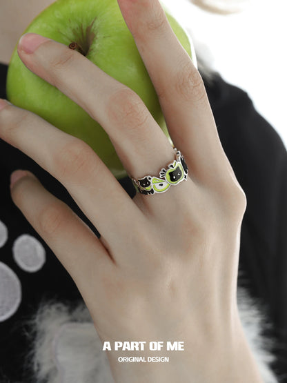 Apple Cat S925 Sterling Silver OK! Black Cat & Green Apple Ring