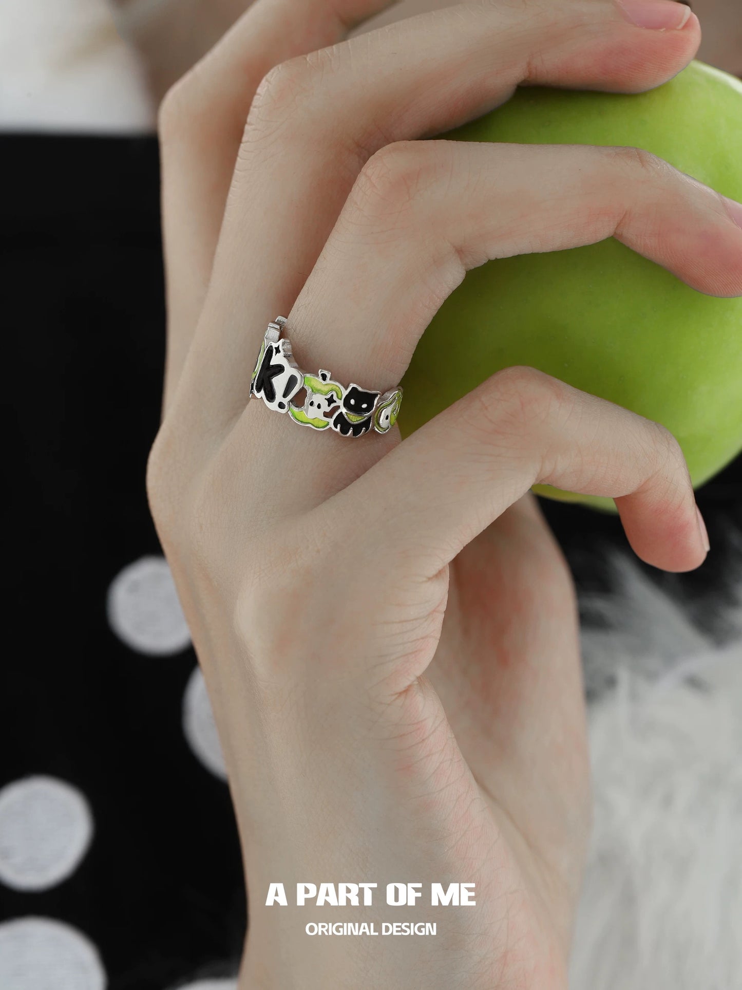 Apple Cat S925 Sterling Silver OK! Black Cat & Green Apple Ring