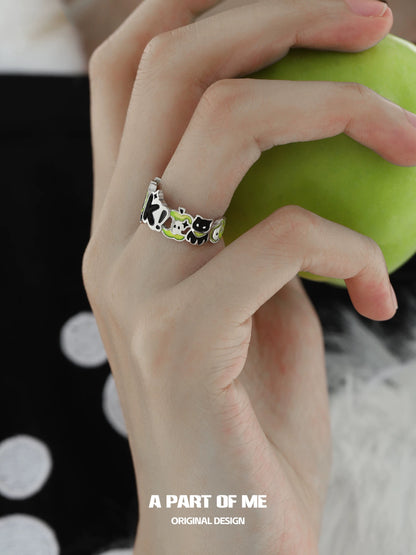 Apple Cat S925 Sterling Silver OK! Black Cat & Green Apple Ring